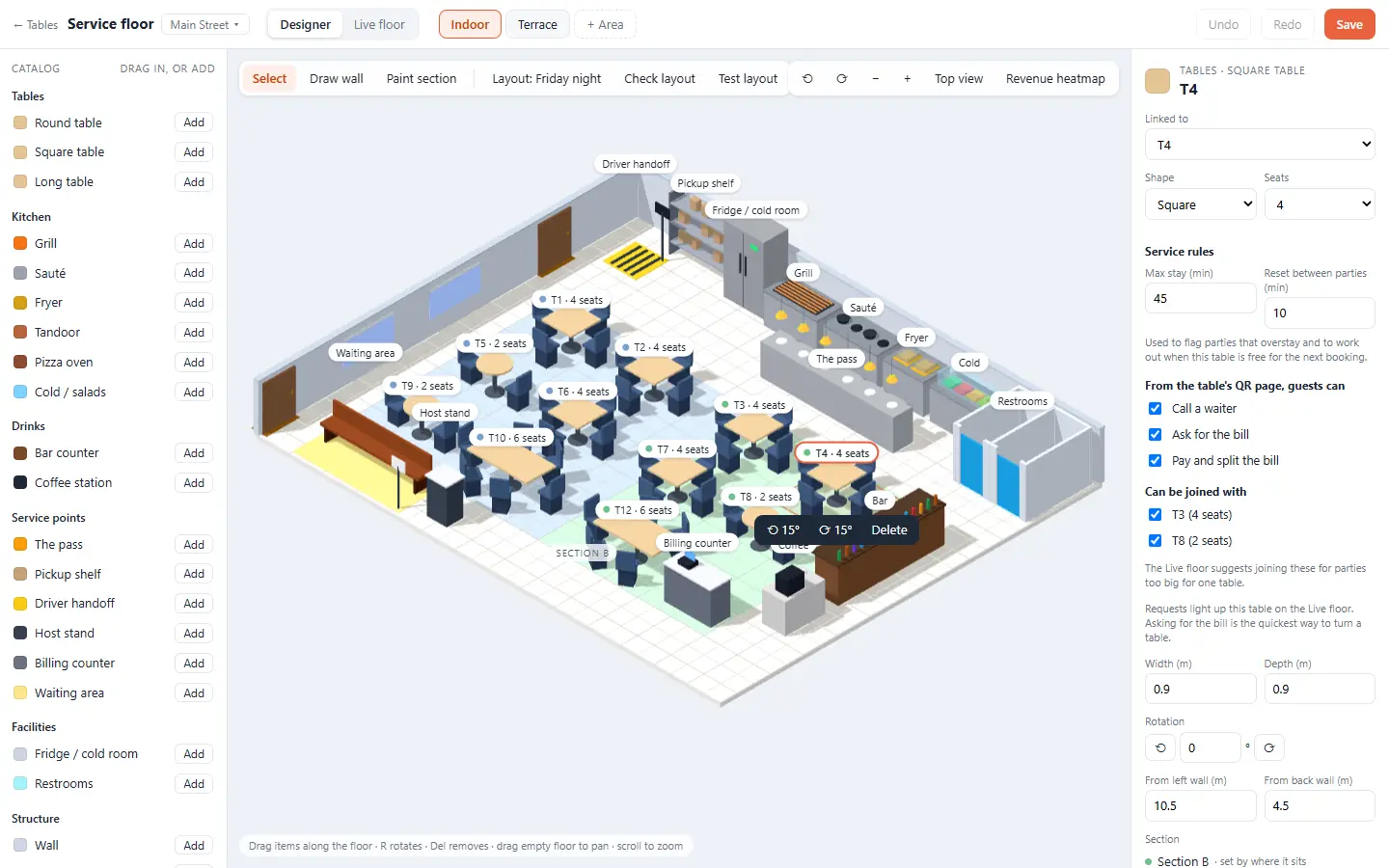 The Floor Designer: a catalog of tables and stations on the left, the 3D room in the middle and a table’s settings on the right